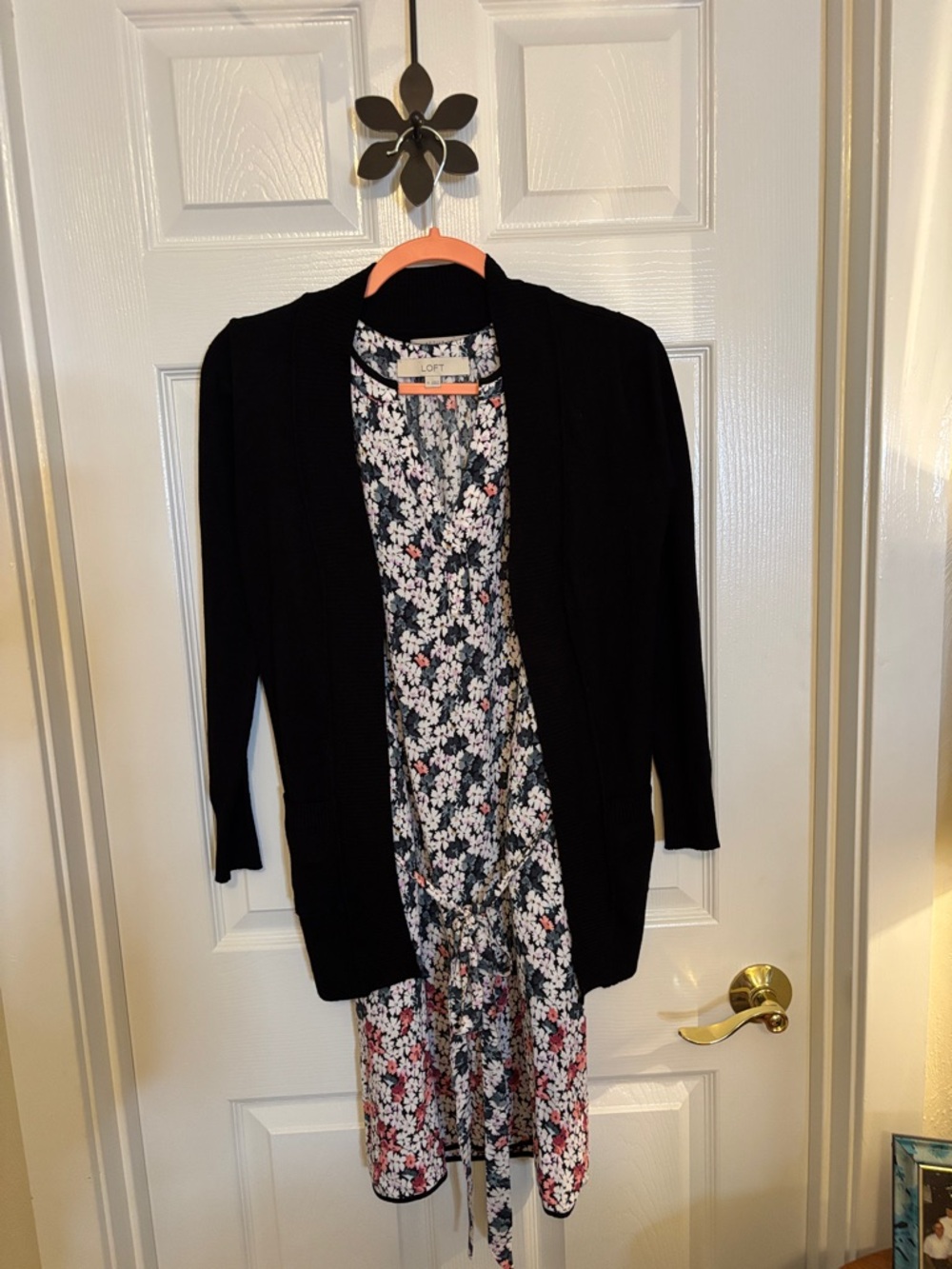 LOFT Dress (Med) and Active USA Black Open-Front Knit Cardigan (Sm) EUC